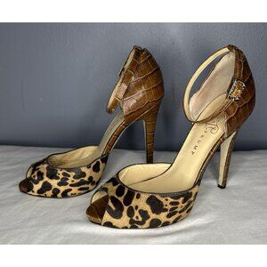 Ivanka Trump Shoes Womens Size 8 Leopard Cow Hair Croc Leather Heels Ankle Strap